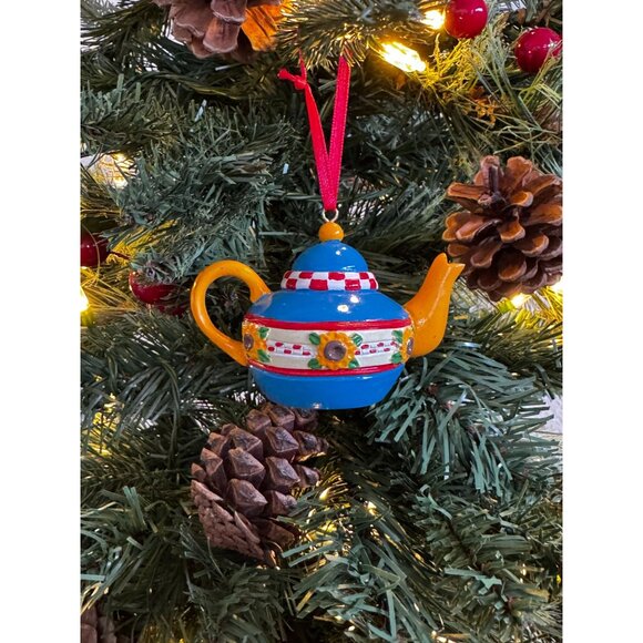 Mary Engelbreit Miniature Teapot Ornament Blue Yellow Sunflowers Flowers Christm - Picture 2 of 16